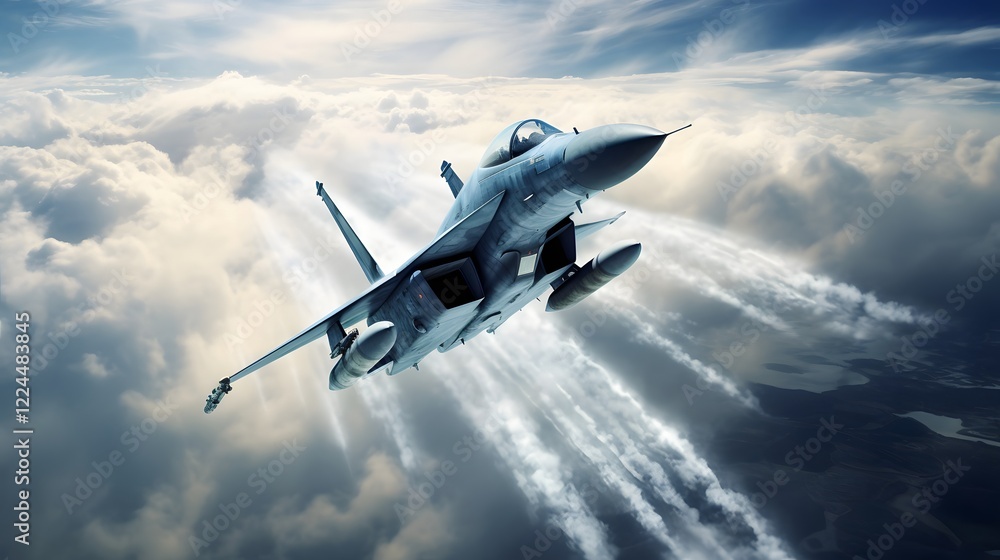 Poster powerful fighter jet aircraft soaring through the sky leaving behind stunning contrails and creating