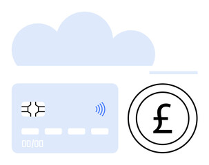 Credit card with contactless payment symbol below cloud beside pound sign. Ideal for fintech, digital payments, cloud banking, online transactions, mobile wallets, global finance, abstract line flat
