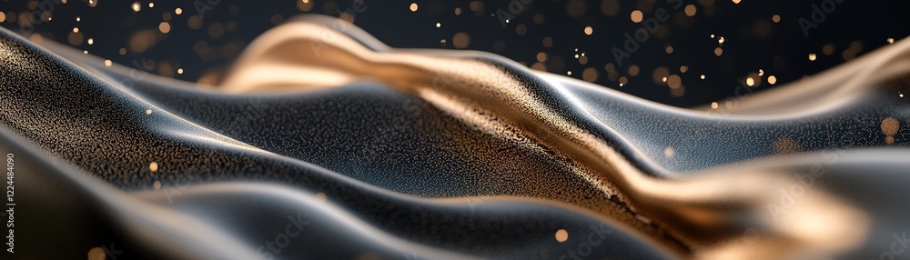 Poster dynamic sound waves flow in metallic gold against a dark background, accentuated by glowing particle