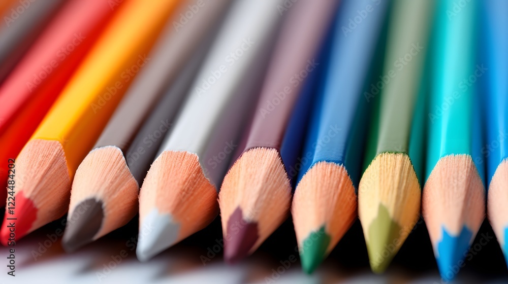 Poster sharpened colored pencils in a close up shot with the tips of the pencils in sharp focus highlightin