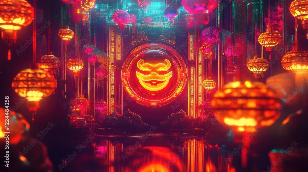Poster a futuristic digital artwork of chinese new year showcasing a holographic fu character surrounded by