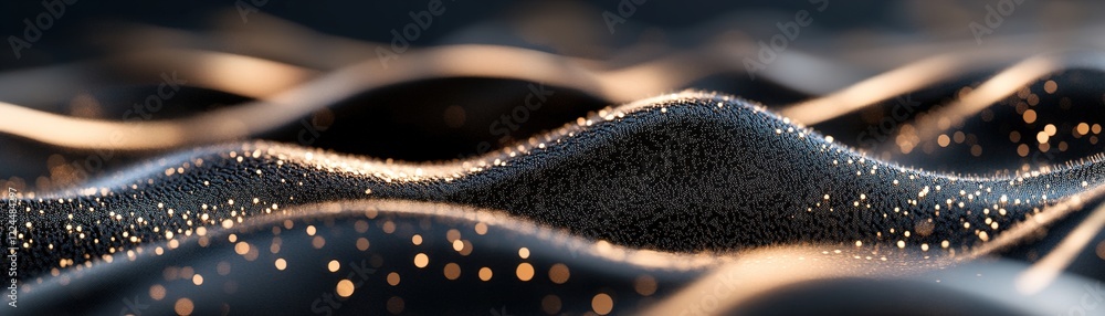 Poster dynamic sound waves in metallic gold tones flow elegantly against a matte black backdrop, embellishe