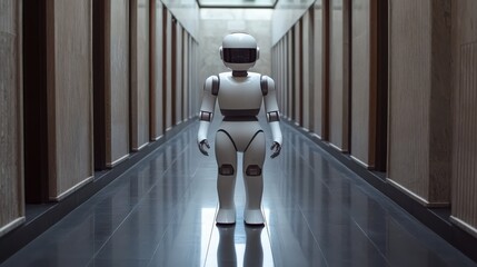 A white humanoid robot stands in the center of a long corridor with brown wooden panels