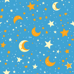 A playful pattern featuring moons and stars on a blue background.