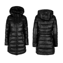 Black long winter women's jacket front and back isolated on white background