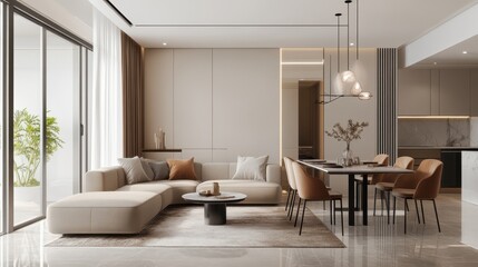 Light and airy living room with beige walls, featuring a modern sofa, dining table with minimalist chairs, and soft lighting for a cozy touch.