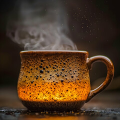 Warm ceramic mug steaming, glowing light, bokeh background