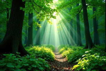 Obraz premium Sunlight dapples forest floor, emerald canopy overhead , view, nature, rays