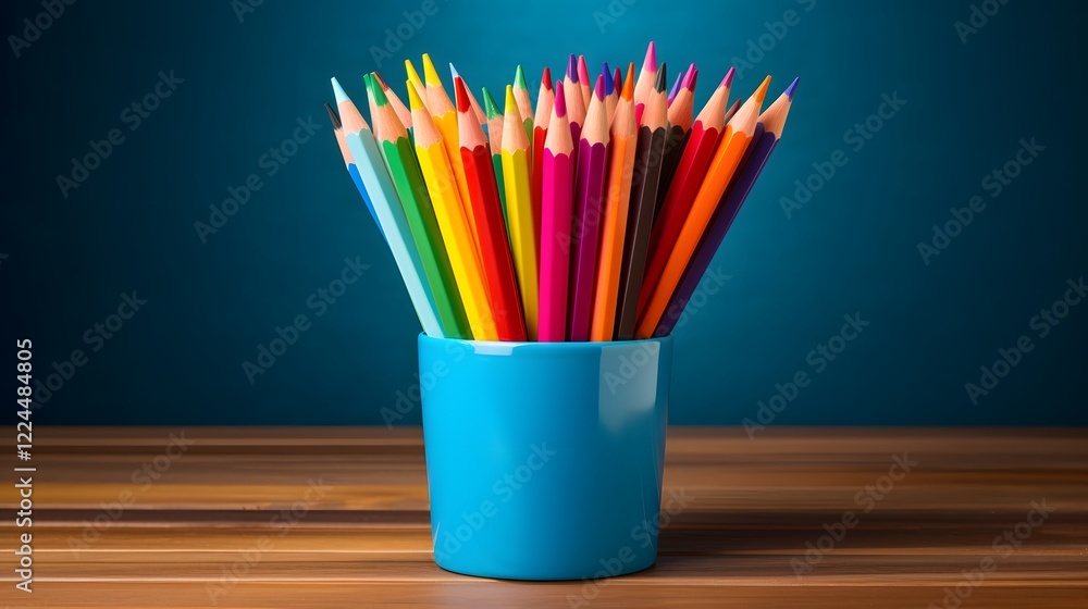 Aufkleber colorful pencils arranged in a cup on a wooden desk creating a visually appealing and workspace for 