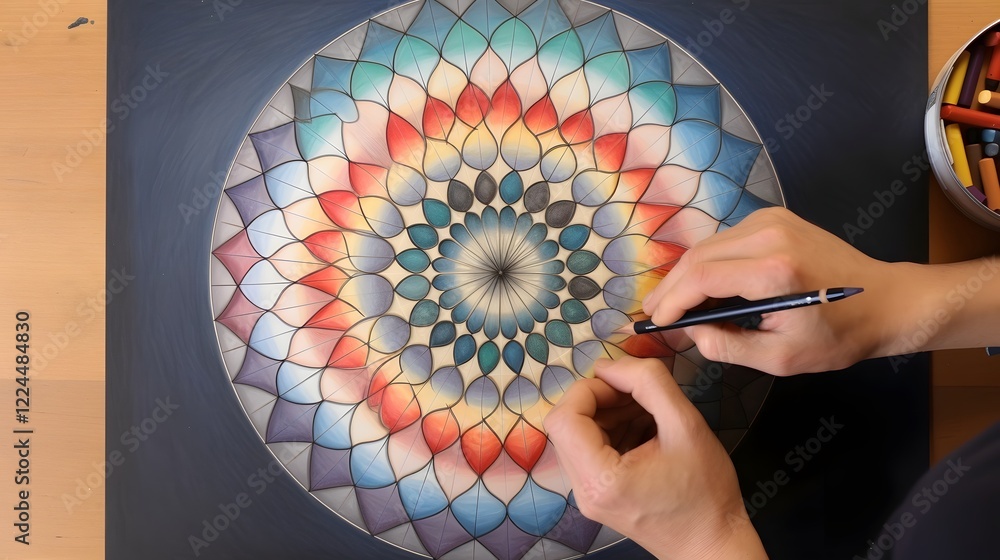 Aufkleber artfully arranged colored pencil tips creating a mesmerizing circular pattern on a paper surface sho