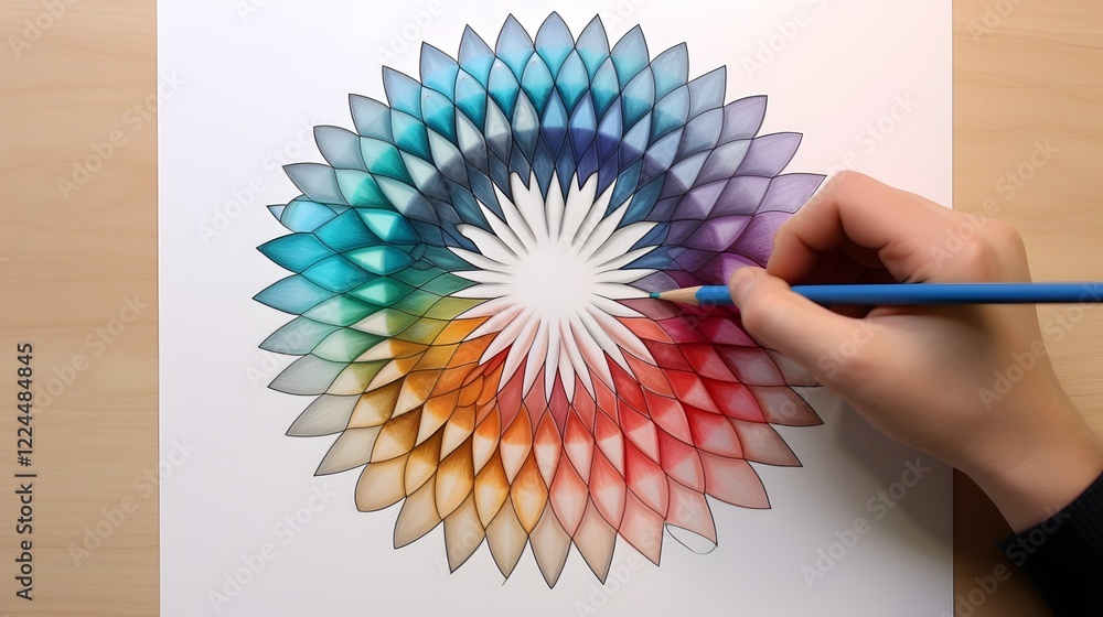 Poster vibrant colored pencil tips arranged in a captivating circular pattern on a plain paper surface show