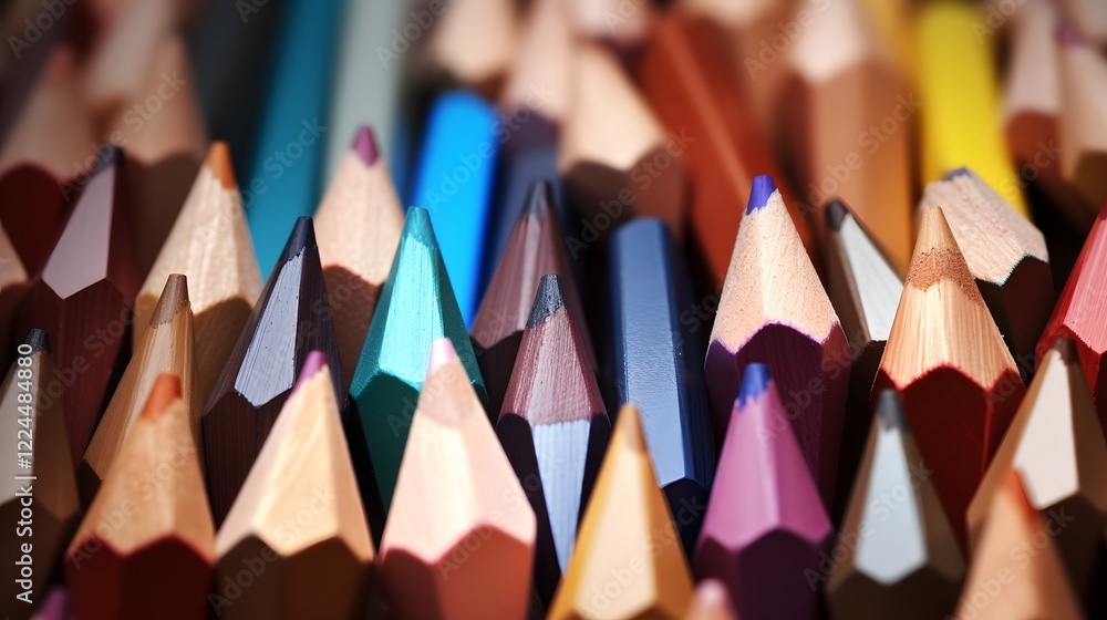 Poster closeup of a diverse array of colorful pencil tips meticulously arranged in a visually striking and 
