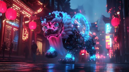 Obraz premium A high-tech rendition of Chinese New Year featuring a glowing robotic lion performing in a neon-lit urban environment