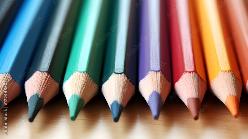 Poster diagonal arrangement of sharply pointed multicolored pencils in a precise geometric row a minimalist