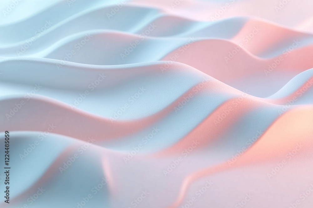 Poster waves of smooth patterns flow elegantly across a white surface, illuminated by soft neon blue and pi