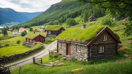 Obraz premium Charming Norwegian Summer: Rustic Log & Stone Houses with Grass Roofs