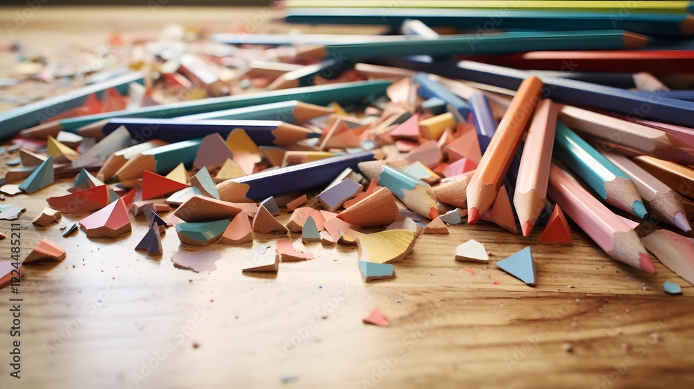 Poster broken and scattered colored pencil tips on a cluttered table in a creative workspace setting the vi