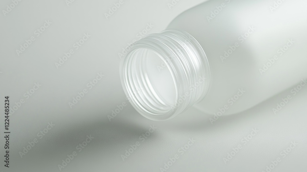 Poster close-up of a translucent, empty bottle with visible thread detailing on a neutral surface