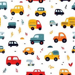 A playful pattern featuring various colorful cars and leaves on a white background.