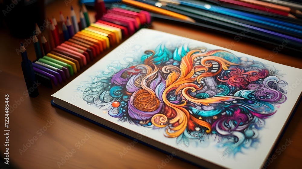 Poster beautifully composed close up of various colored pencils resting on an open sketchbook filled with c