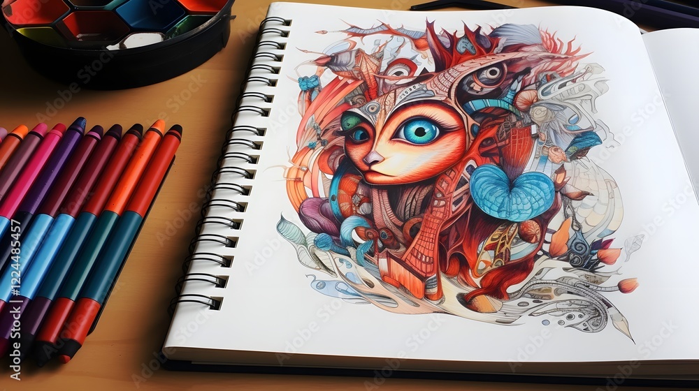 Poster brightly colored pencils resting on an open sketchbook filled with doodles and sketches inspiring cr
