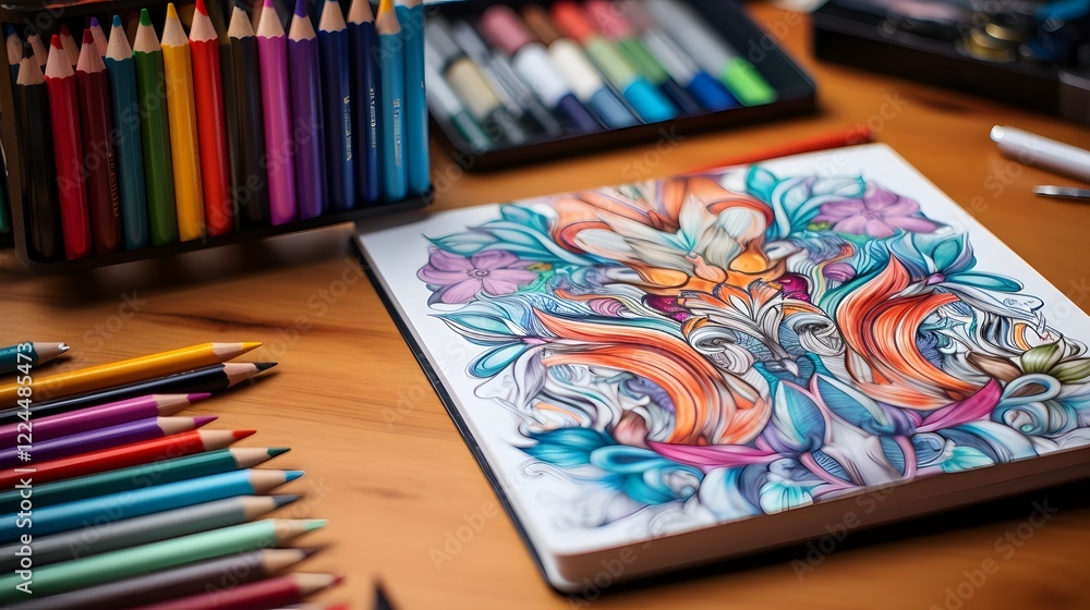 Aufkleber vibrant colored pencils resting on an open sketchbook with whimsical doodles showcasing the creative