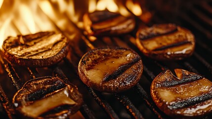 34.A detailed view of mushroom slices on a grill grate, with perfectly seared edges and visible grill lines, captured in the glow of a fiery barbecue.