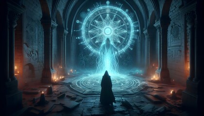 A cloaked figure standing in a ruined temple surrounded by ominous symbols and an abominable glowing portal radiating otherworldly energy