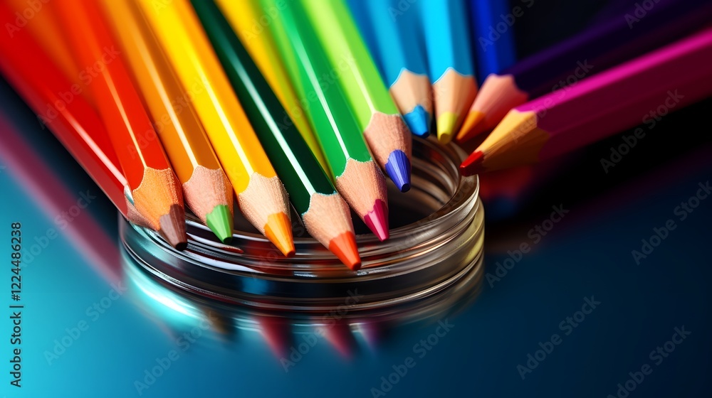 Aufkleber vibrant rainbow of assorted colored pencils reflected in a small mirrored surface creating a visuall
