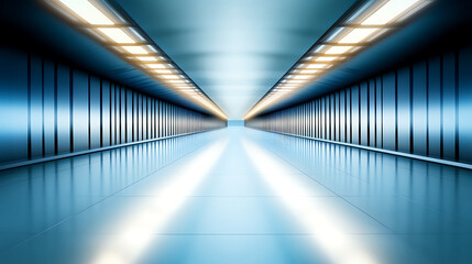 Futuristic symmetrical corridor with bright blue lighting and reflective floor leads to vanishing point perspective