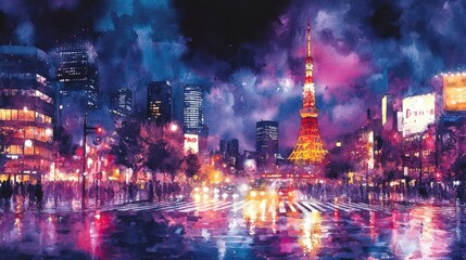 Vibrant watercolor painting of Tokyo at night