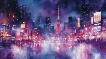 Vibrant watercolor painting of Tokyo at night