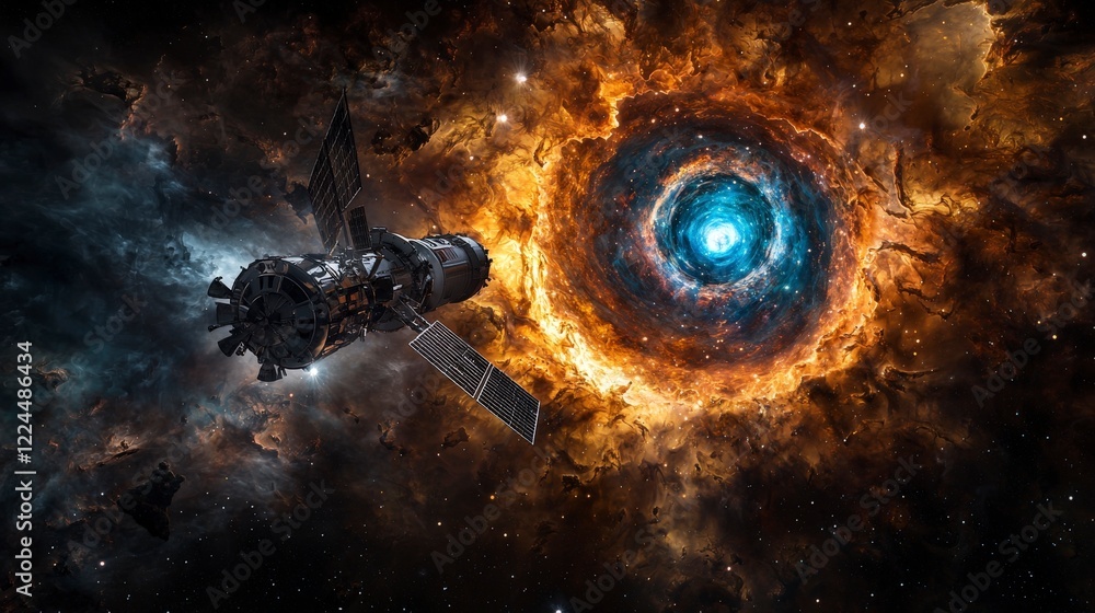 Poster spacecraft encountering a vibrant wormhole amidst cosmic wonders outer space digital art sci-fi dram