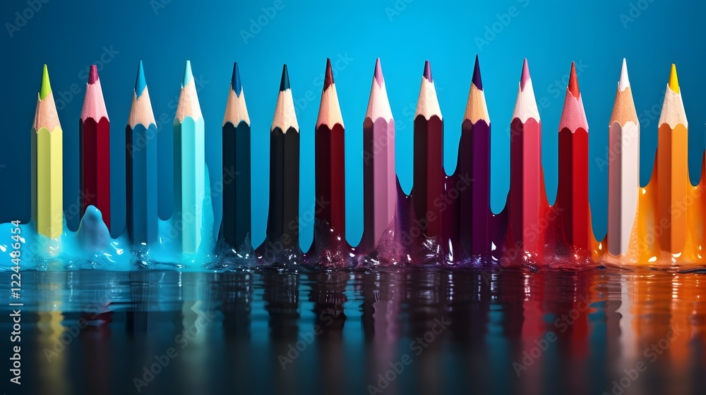 Aufkleber a row of vibrant colored pencils with their tips dipped in water creating a unique and visual arrang