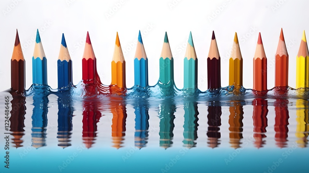 Aufkleber a row of colorful pencils with their tips dipped in water creating a unique and effect against a cle