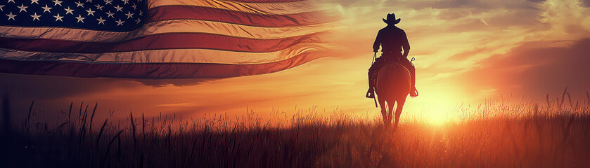 cowboy rides into sunset with American flag backdrop, evoking freedom