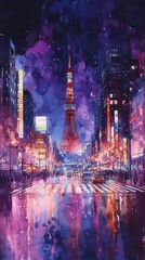 Obraz premium Vibrant watercolor painting of Tokyo at night