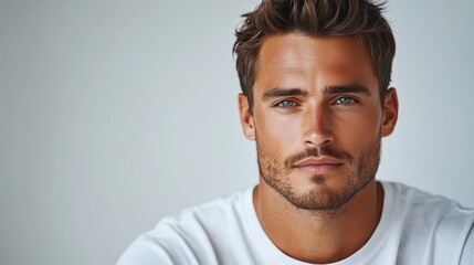 Fototapeta premium portrait of serious handsome 35 years old man in white t-shirt on white background with copy space
