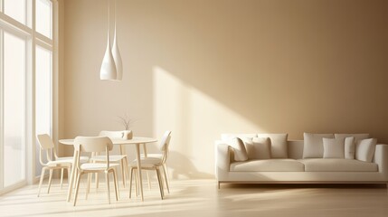 Light and airy living room with beige walls, featuring a modern sofa, dining table with minimalist chairs, and soft lighting for a cozy touch.