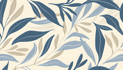 A seamless pattern of stylized leaves in blue and beige tones on a light background.