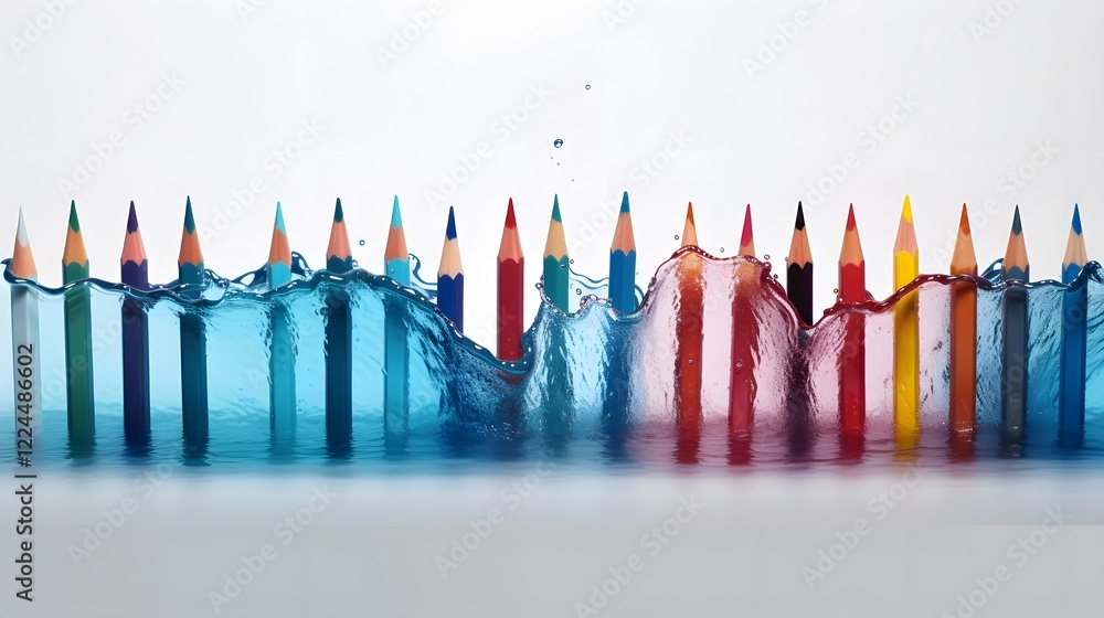 Aufkleber closeup of a row of brightly colored pencils with their tips dipped in water creating a unique textu