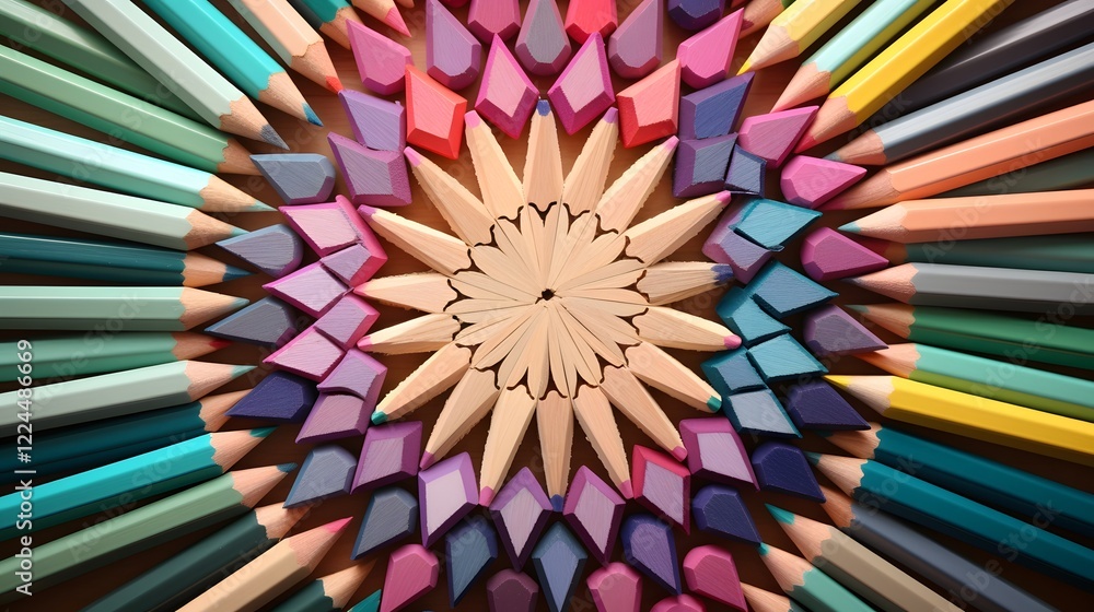 Poster pastel toned colored pencils arranged in symmetrical and minimalist pattern on desk or workspace and