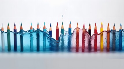 Closeup of a row of brightly colored pencils with their tips dipped in water creating a unique textured and abstract effect