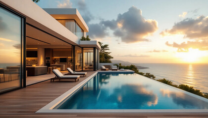 Fototapeta premium Luxury Modern Villa with Infinity Pool Overlooking the Ocean and Stunning Sunset View