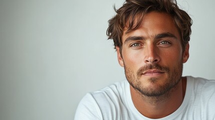 Fototapeta premium minimalistic portrait of serious handsome 35 years old man in white t-shirt on white background, closeup