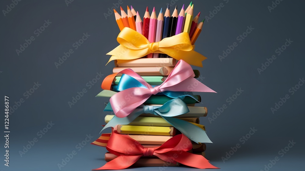 Poster a stack of vibrant colored pencils tied together with a ribbon creating a creative and visually appe