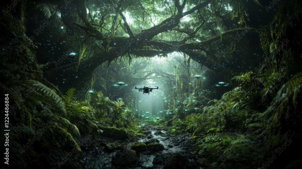 Poster exploring a lush forest illuminated by bioluminescent flora enchanting nature scene mystical environ