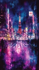 Obraz premium Vibrant watercolor painting of Tokyo at night