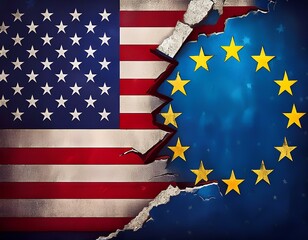Conflict between EU and USA. Flags of the European Union and the USA on a broken wall background.