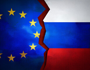 Conflict between EU and Russia. Flags of the European Union and Russia on a broken wall background.